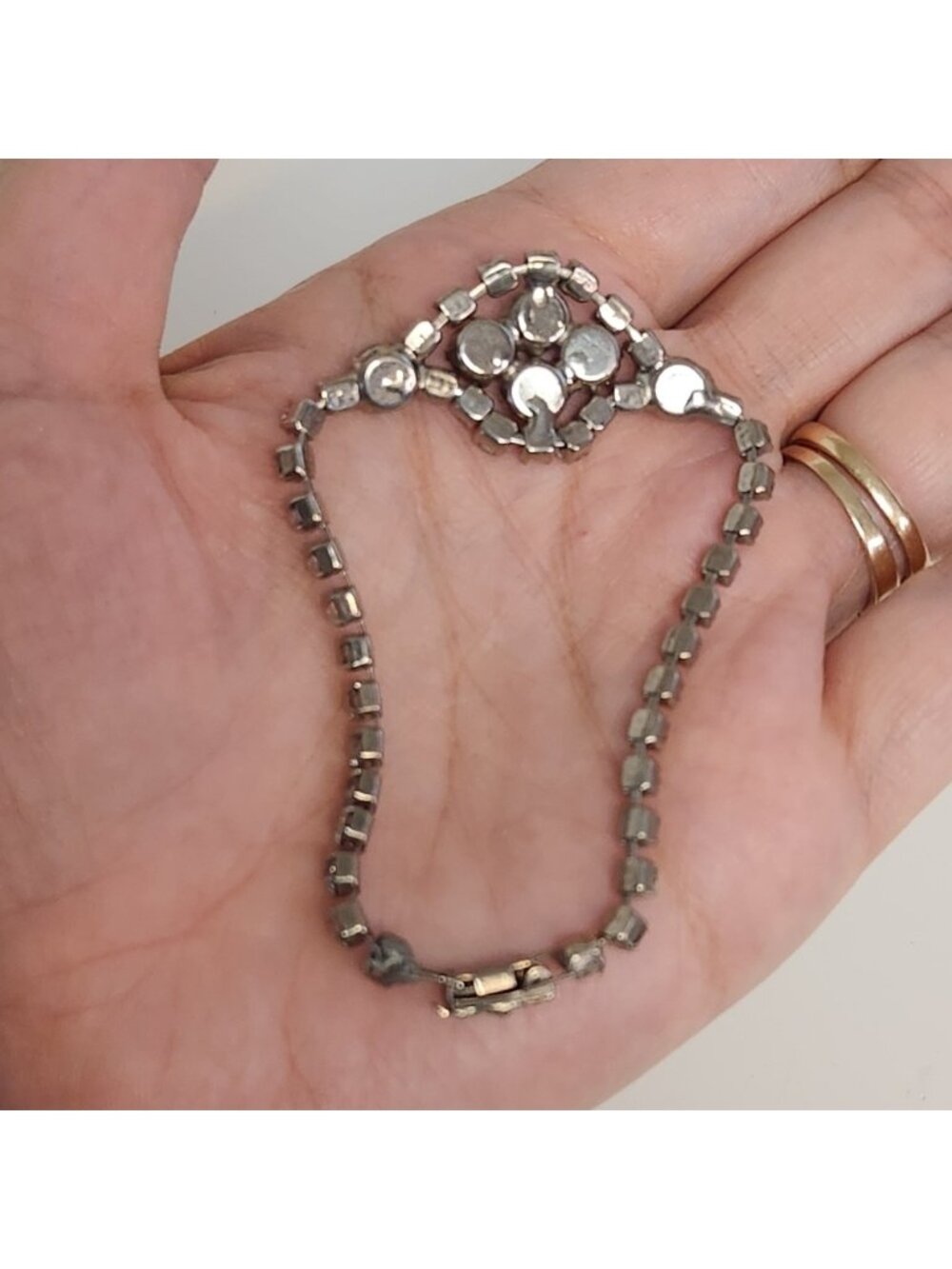 Vintage Art Deco Style Rhinestone Link Bracelet Silver Tone 1950s Retro Costume - Picture 8 of 9